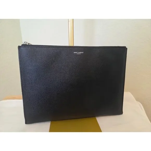 Saint Laurent YSL Black Leather Zip Pouch Clutch Grain de Poudre Caviar Leather - Picture 14 of 15